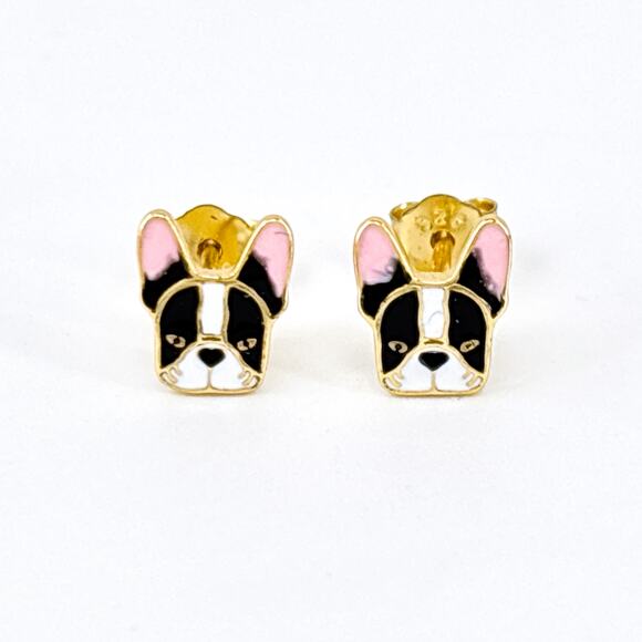 NIB Gold Cake Boston Terrier Gold-Tone Sterling Silver 925 Stud Earrings - Picture 7 of 10